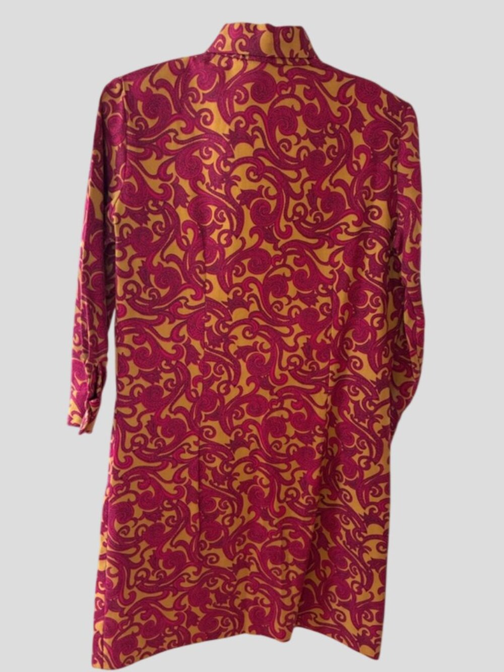 1960's Style Hand Made Maroon & Gold Abstract Swirl Shirt Dress - Picture 4 of 13